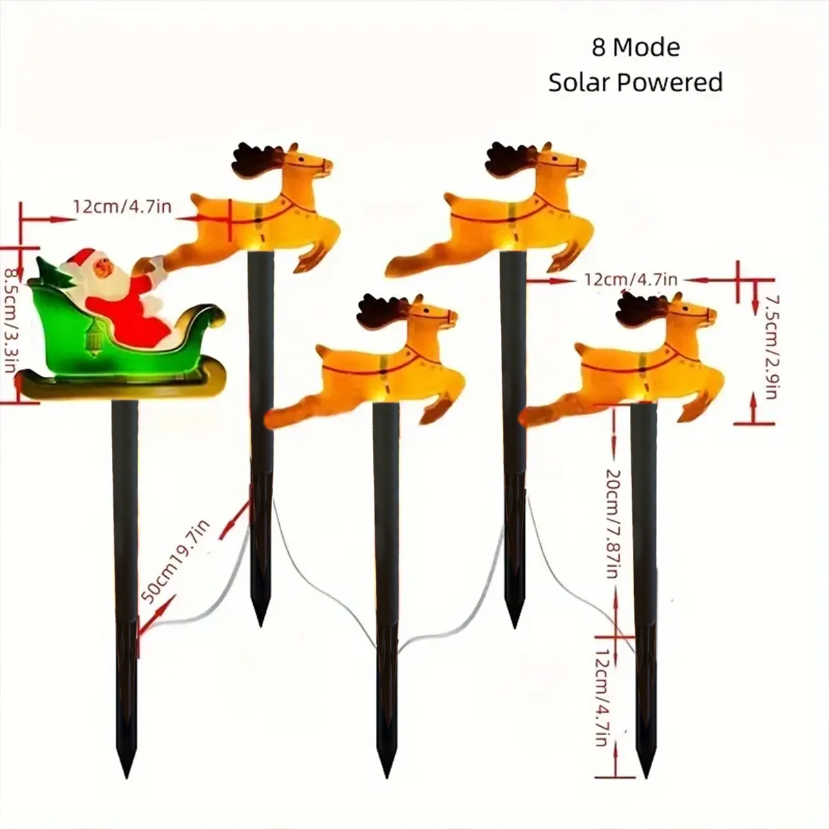 5 pz/set luci solari del percorso di Babbo Natale e cervo di Natale con 8 modalità luci da palo da giardino per la decorazione del portico del prato del cortile della passerella di casa