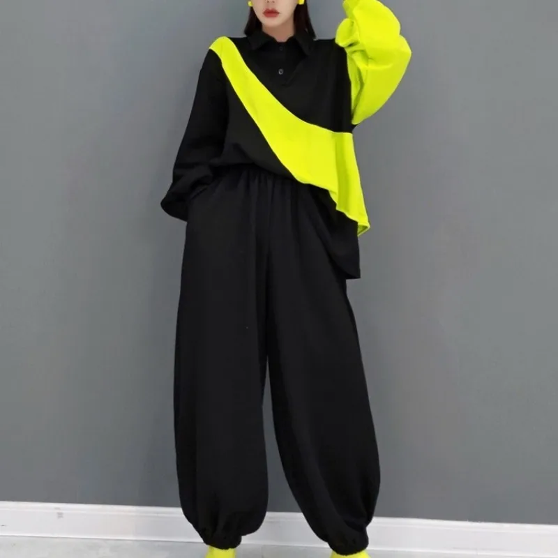 

2024 Spring Autumn Fashion Pant Set Casual Top + Harem Pants Two Piece Set Women Black Green Outfit ZF005