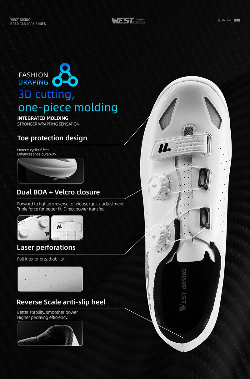 WEST BIKING Rennradschuhe für Herren, Carbonfaser-Sohle, selbstsichernde Fahrradschuhe, Dual-Drehknopf, atmungsaktive Rennsneaker, Fußbekleidung – Detail 6