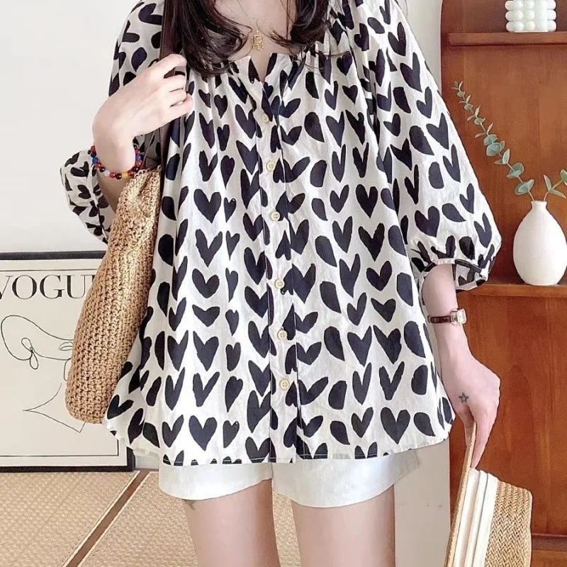 Women Large Hand Drawn Black Heart Print Shirt V-Neck Gathered Neck Detail Puff Three Quarter Sleeve Oversized Loose Blouse