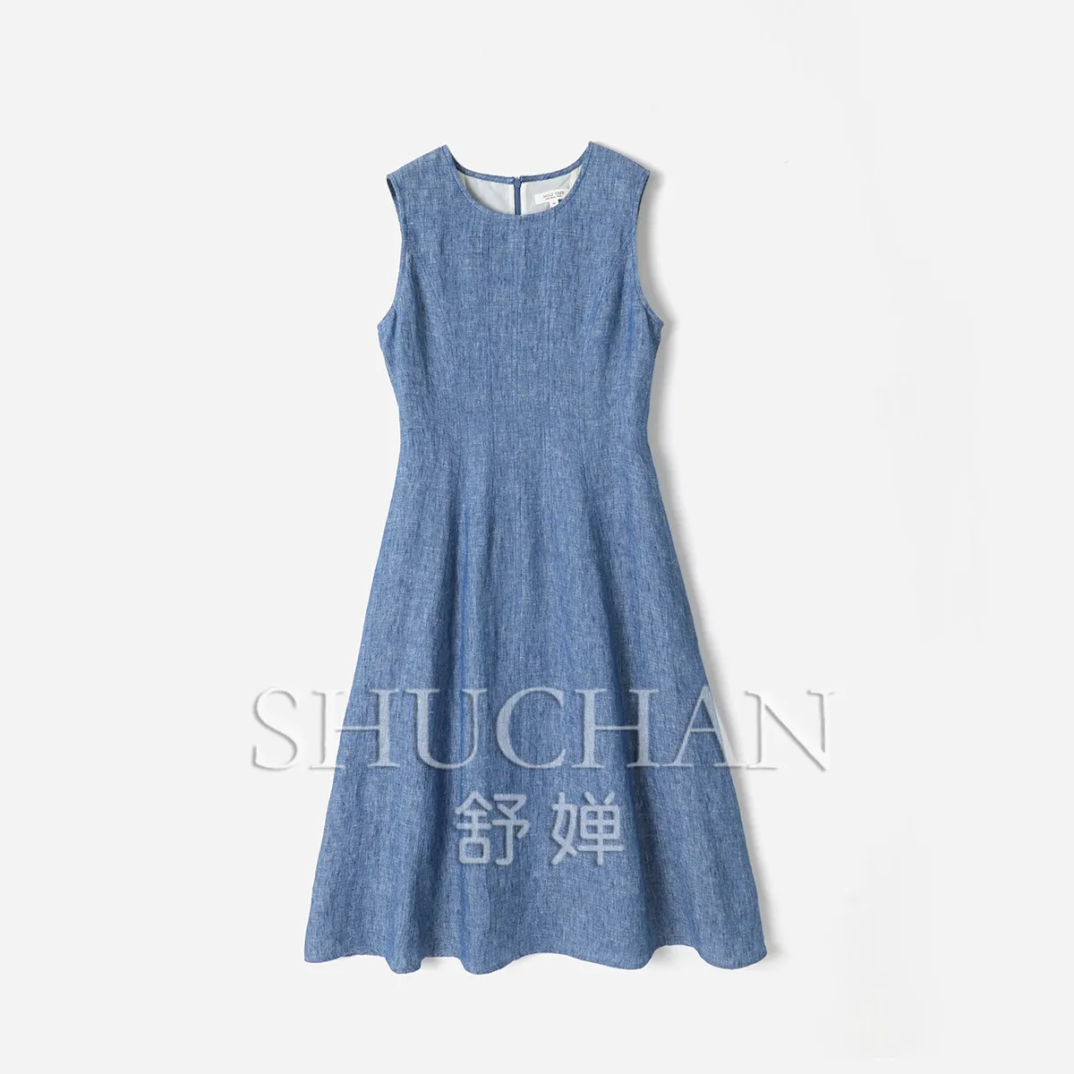 SHUCHAN Tank Dresses Elegant and Exquisite Round Neck Multi-piece Split Linen Denim Blue Sleeveless Dress Women