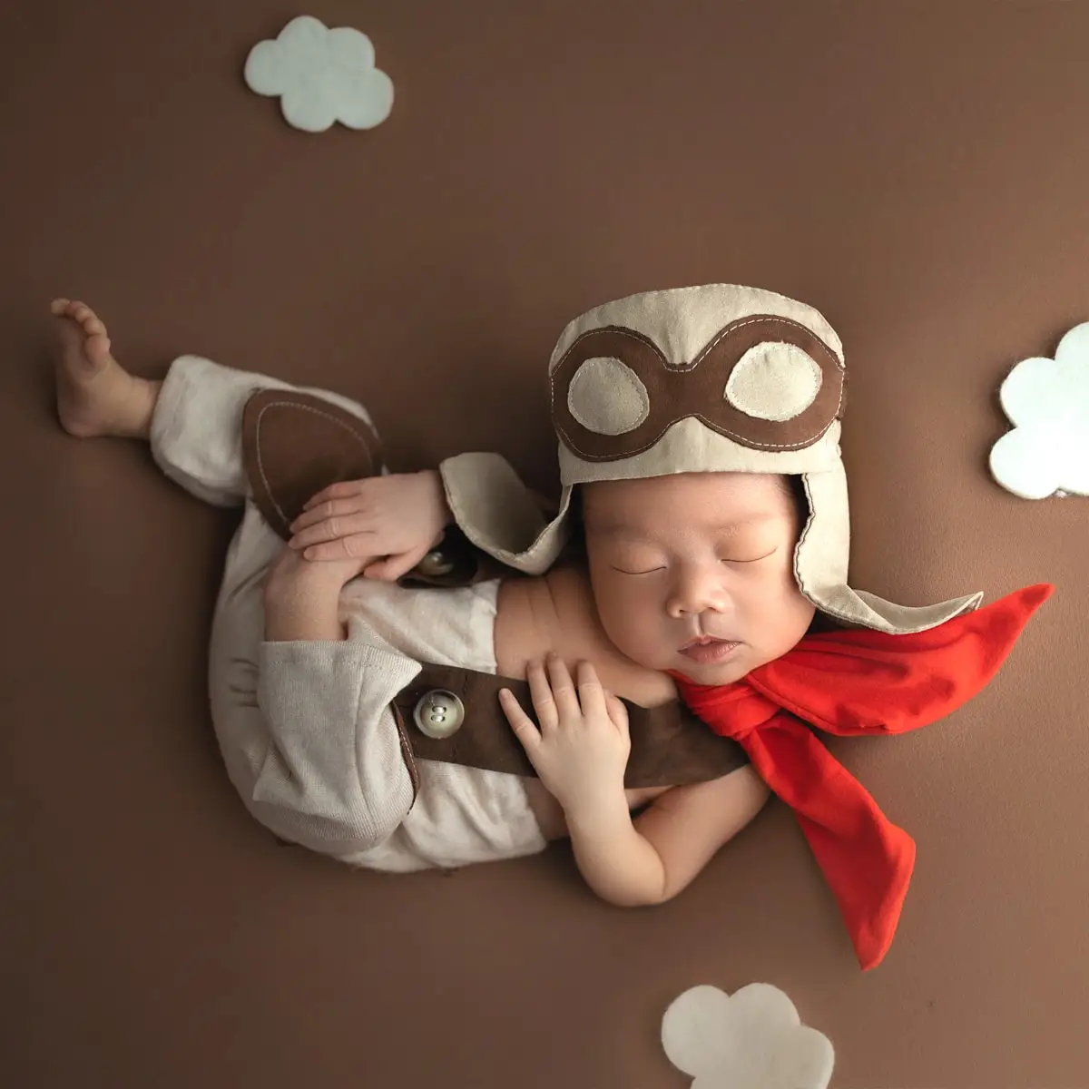 Ylsteed 3 Pieces Set Newborn Boy Photography Outfit Infant Photo Props Shooting Overalls Aviator Glasses Cap with Red Scarf