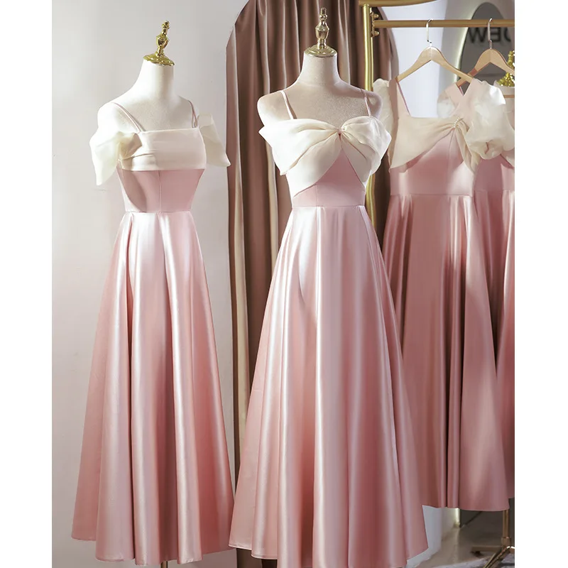 Pink Satin Bridesmaid Dress Sweet Bow Square Collar Wedding Female Guest Dresses 4 Styles Long A-Line Prom Party Vestido