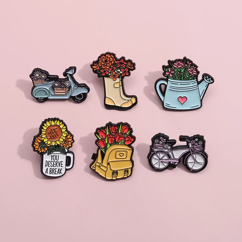 Kreative Blume Emaille Brosche Motorrad Schuhe Cowboy Blume Fahrrad Tasche Liebe Kessel Sonnenblume Blume Metall Abzeichen Punk Pins Schmuck