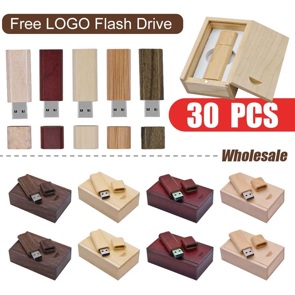 

30PCS Wooden USB 2.0 Flash Drives Maple Wood+ Box Pen Drive 16GB 32GB 64GB Photography Wedding Gift Memory Stick 80*51*25.5MM