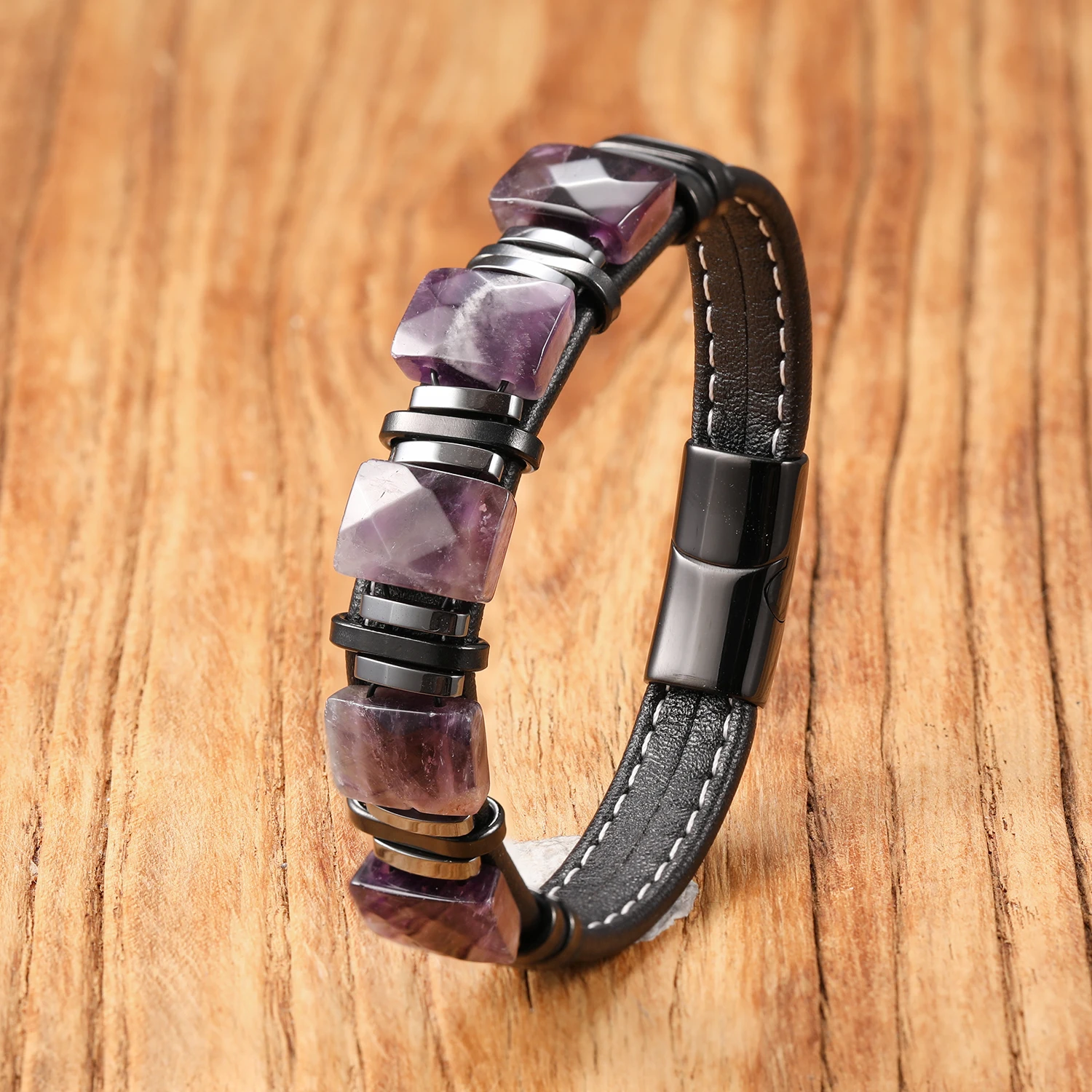 Naturfarbener Stein, Lederband-Armband, Edelstahlverschluss, Boho-Chic-Heilkristallschmuck, Geschenk für Frauen und Männer – Detail 9