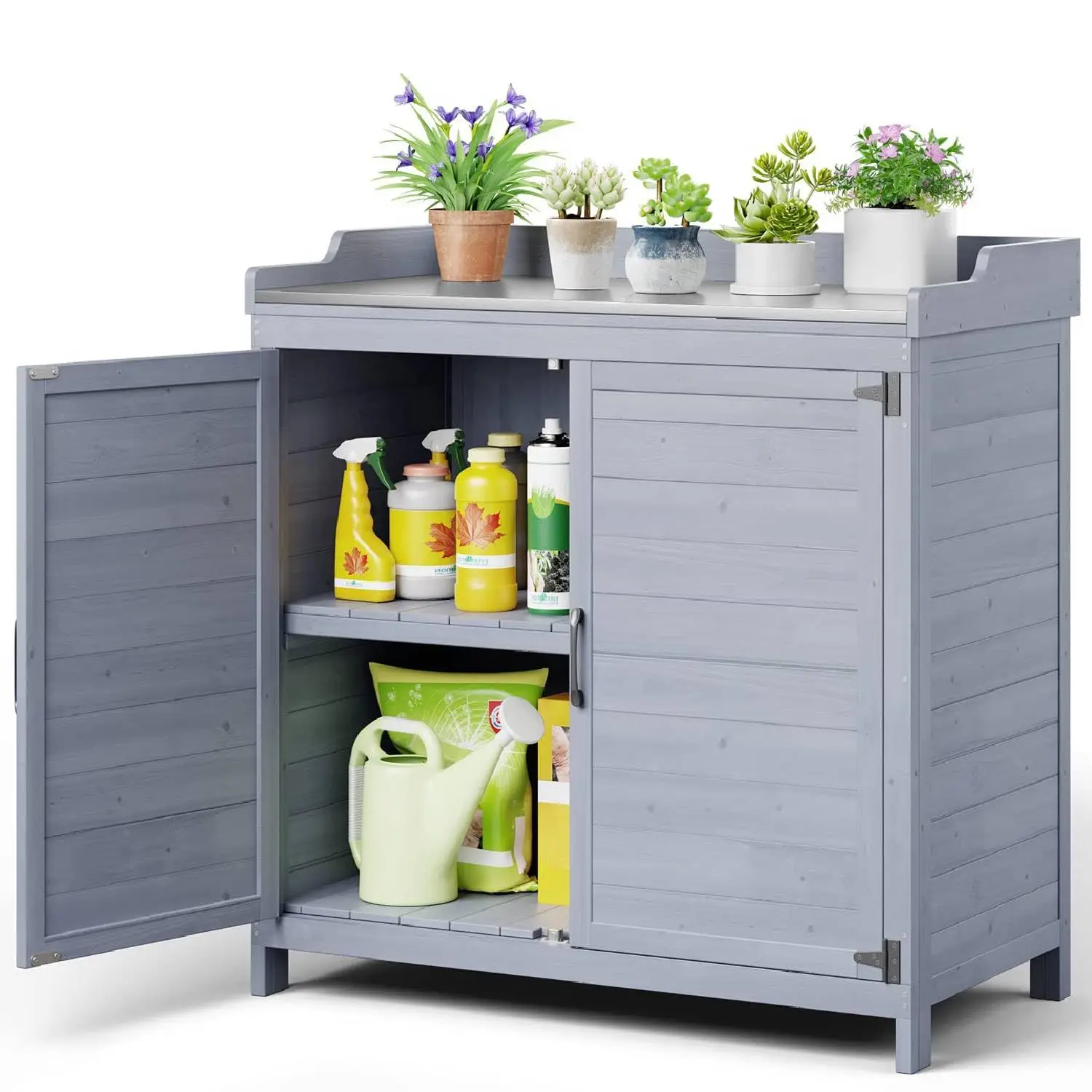 Outdoor Potting Bench with Metal Tabletop, Wooden Cabinet, Grey