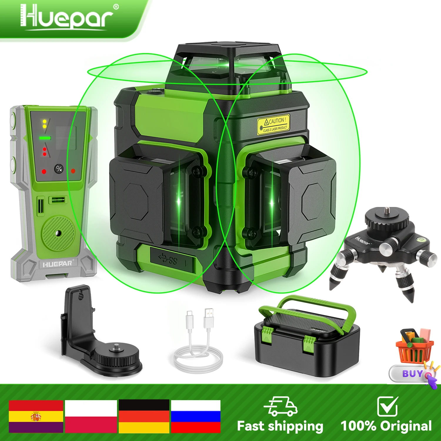 Huepar HM03CG 3D Kreuzlinienlaser Wiederaufladbarer Selbstnivellierender Grüner Laser mit Li-Ionen-Akku & Pulsmodus & Hartschalenkoffer