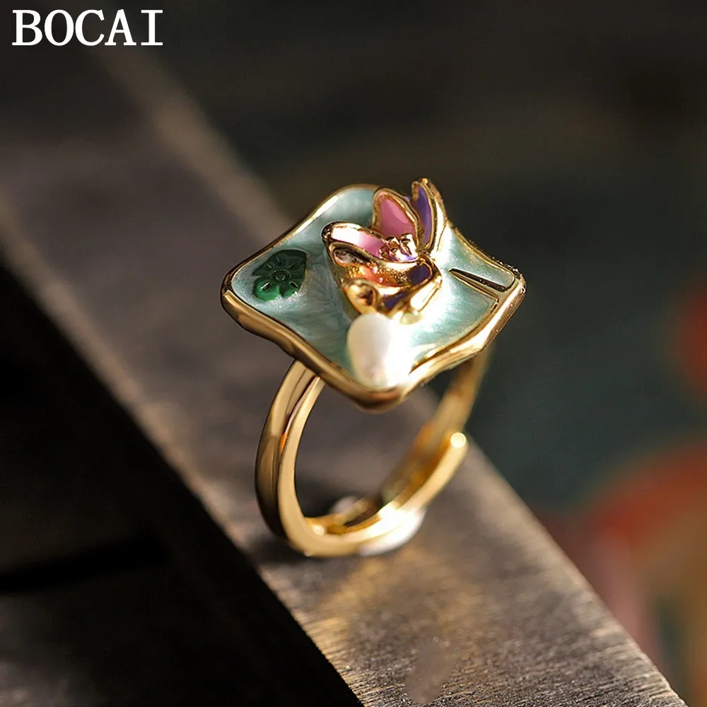 

Новое модное и стильное кольцо BOCAI из стерлингового серебра S925 с позолотой, эмалью и жемчугом в форме цветка лотоса, подарок для женщин