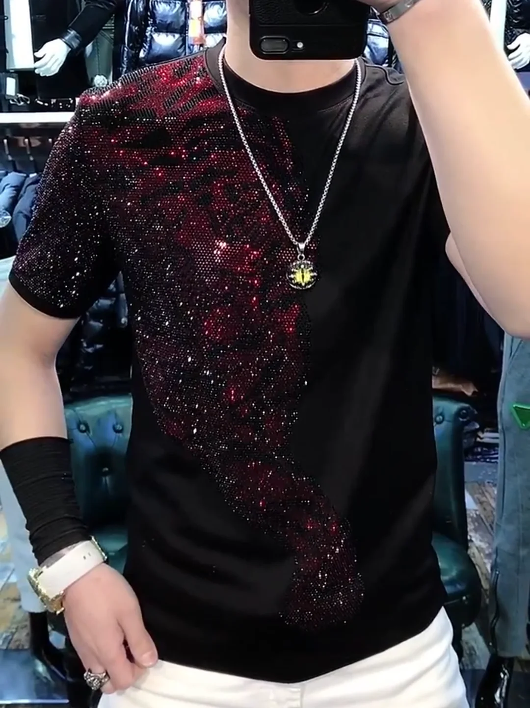 

Slim Fit round Ne ort Sve Men's T-irt Comfortable Faionable Diamond Heat Transfer Urban Sle Spring Summer New Ar...