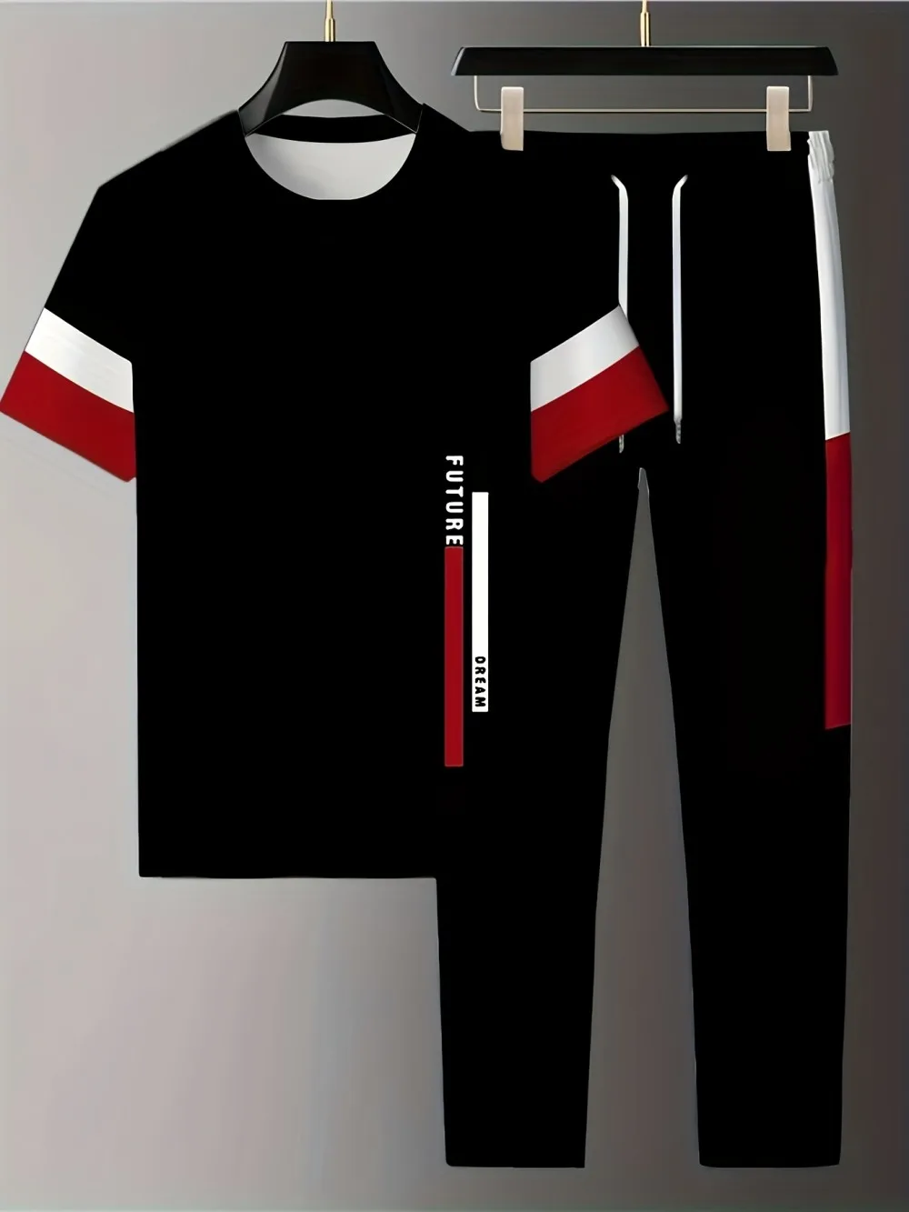 

Men's summer new striped letter print refreshing and breathable round neck T-shirt pants set outdoor casual clothing