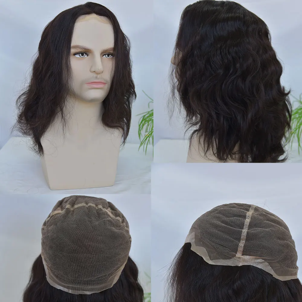 Wig rambut manusia gelombang hitam panjang untuk pria dan wanita Swiss Wig renda penuh garis rambut alami ketebalan 200% 14 inci