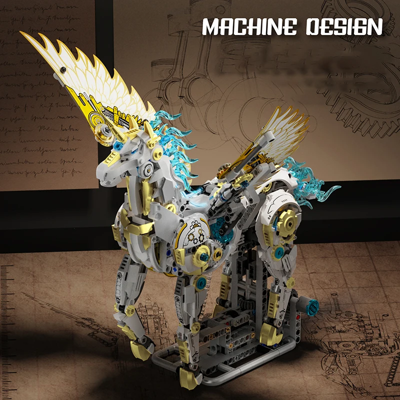 

Steampunk Mechanical Unicorn Building Kit Robot Pegasus with Flapping Wings LED Light MOC Model Creative Desktop Decoration