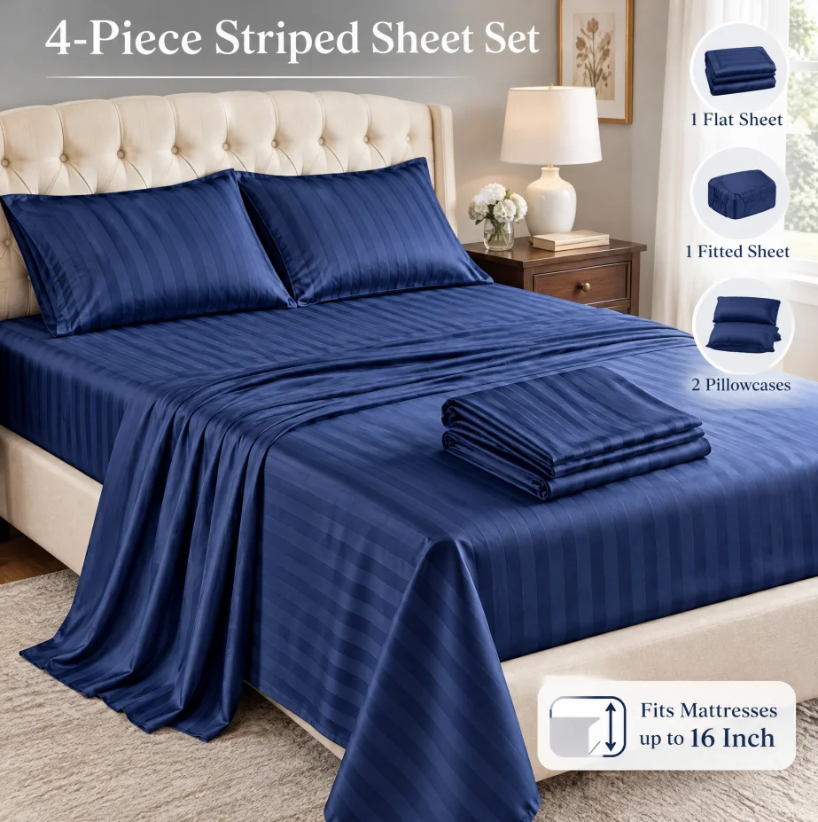 3/4pcs Striped Sheet Set, 16 Inch Deep Pocket Fitted Sheet with Side Storage Pockets, High Quality Soft Bedding, 1 Flat Sheet+1 Fitted Sheet+1/2 Pillowcases, Fall Winter Bedroom & Holiday Gift