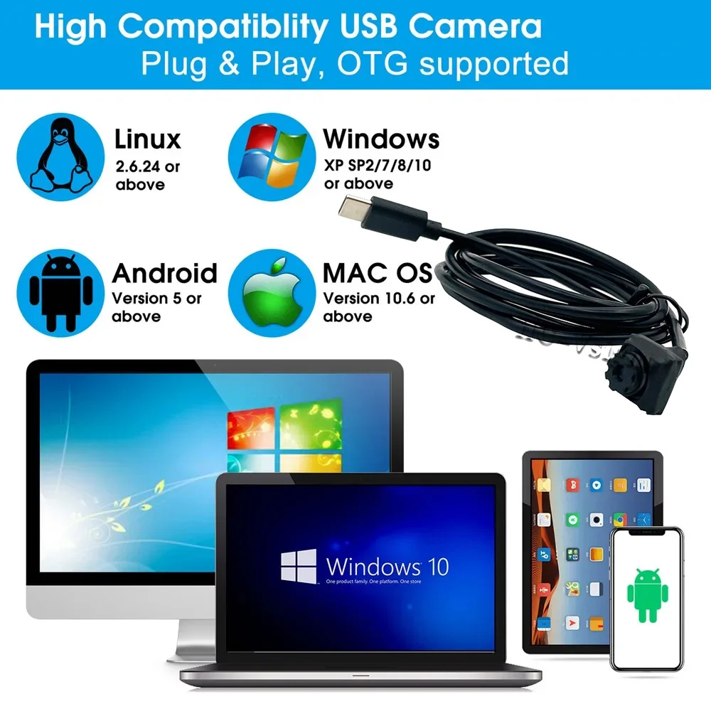 Câmera Externa Micro Tamanho 720P 1080P 12x12mm Tipo-C para Telefone Android com Áudio