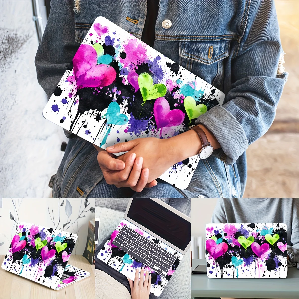 2PCS Colorful Heart Shaped Ink Splashing Art Laptop Film Scratch Resistant Vinyl Sticker Suitable for Personalized Laptop
