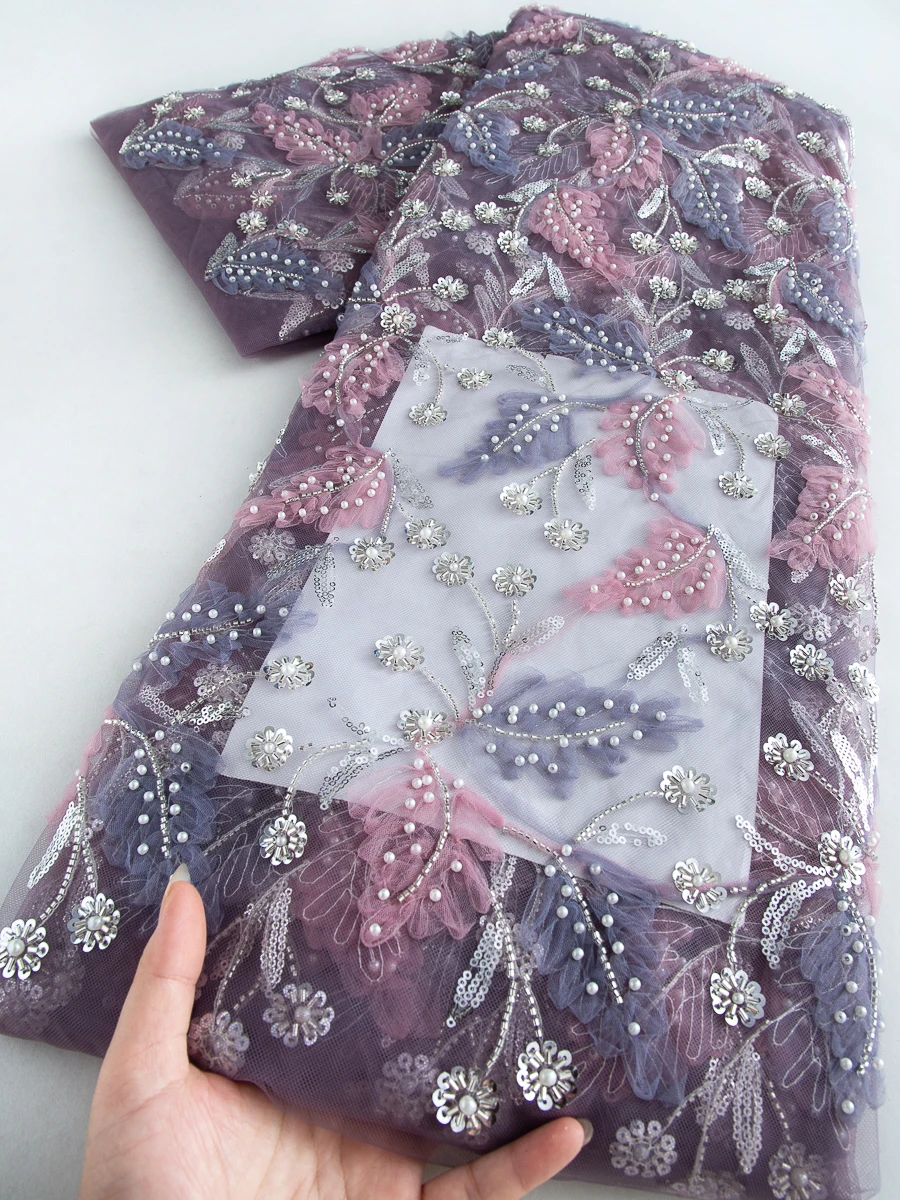 

2025 африканская кружевная ткань с блестками, высокое качество, 2,5 ярда, французский тюль с бисером, кружевная ткань для шитья вечернего свадебного платья 4482