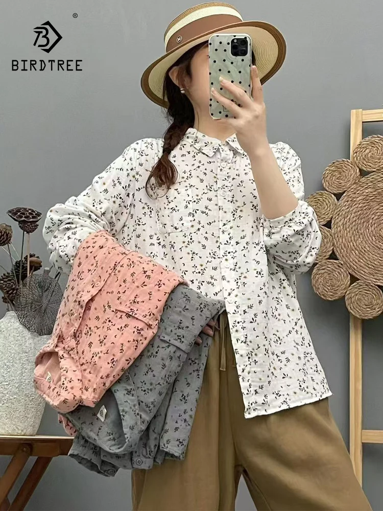 

New 2025 Autumn Cotton Yarn Long Sleeve Shirt, Women Turn-down Collar Print, Mori Girl Sweet Prairie Chic Loose Blouse T58021CC