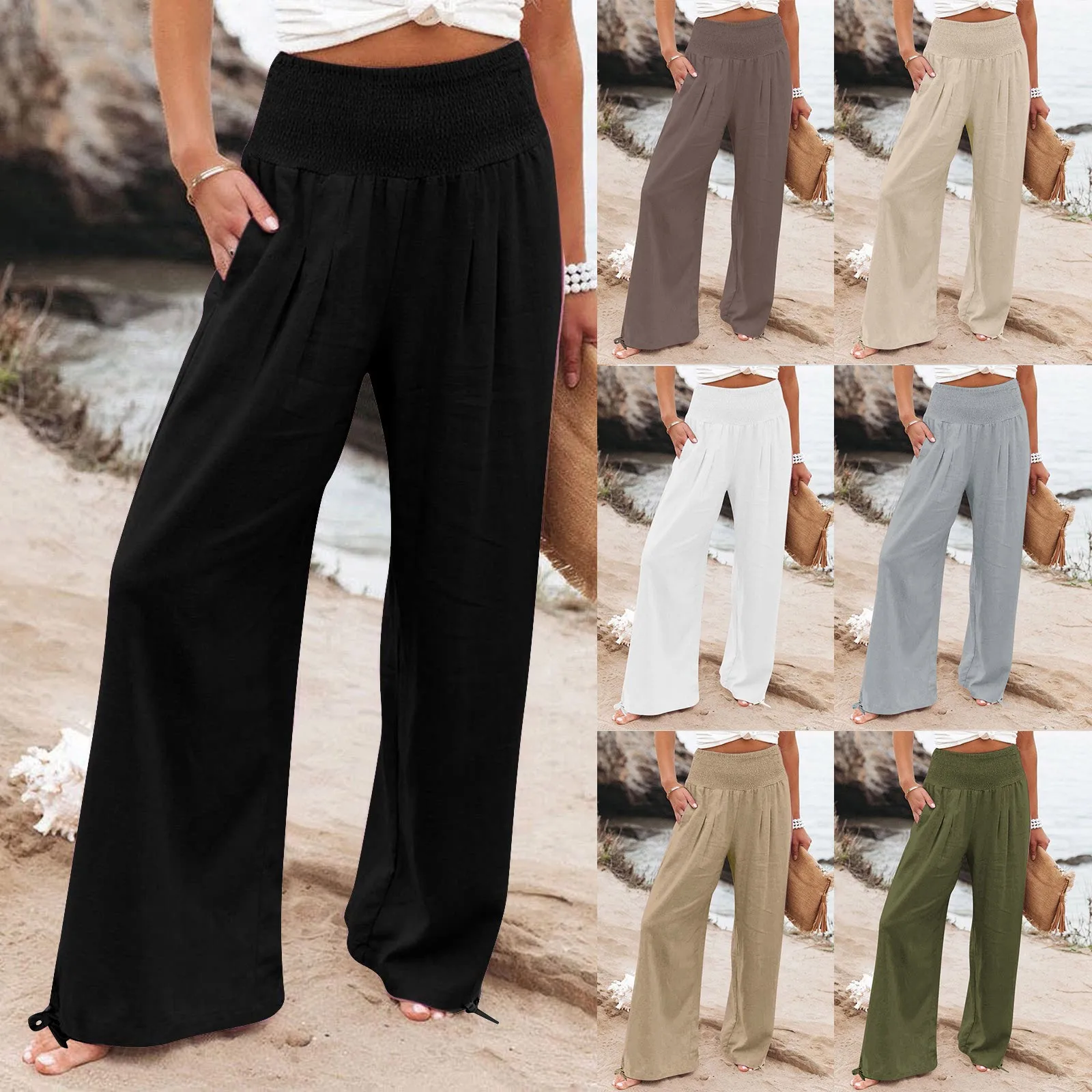 

Spring Summer Cotton Linen Style Women Loose Long Trousers Leisure Solid High Waist Ruched Beach Wide Leg Pants with Pocket