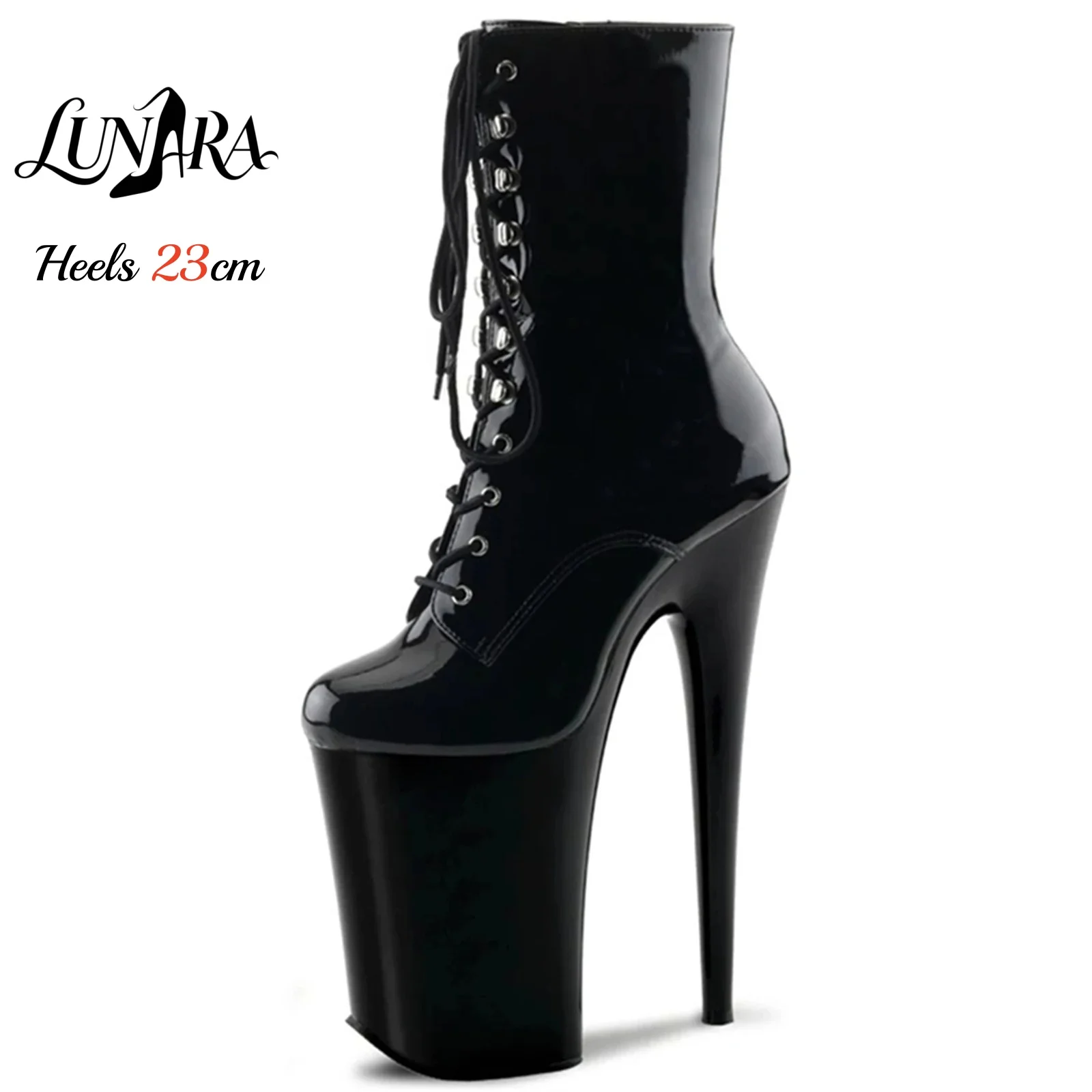 23cm/9Inch Extreme Black Patent Platform High Heel Ankle Boots Lace-Up Zipper Non-slip Gothic Pole Dance Ladies Stage Fetish