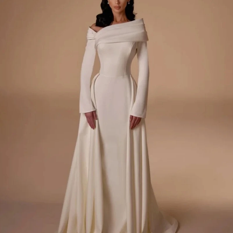 Elegantes Abendkleid für Damen, schulterfrei, Jersey-Falten, A-Linie, Abendkleid, langärmelig, bodenlang, Partykleid, individuell gestaltet – Detail 2
