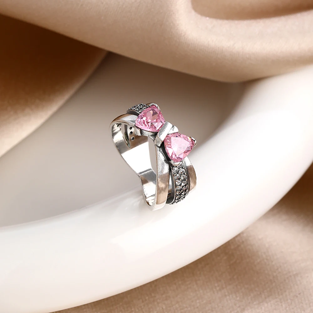 New 925 Sterling Silver Bow Pink Zircon Ring Charm Stackable Jewelry Wedding Engagement Party Gift