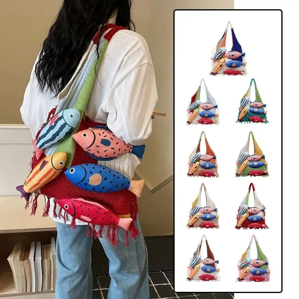 

Летняя хлопковая вязаная сумка через плечо с узором «рыбка», большая вместительная ажурная плетеная сумка, модная пляжная сумка с контрастными цветами и кисточками