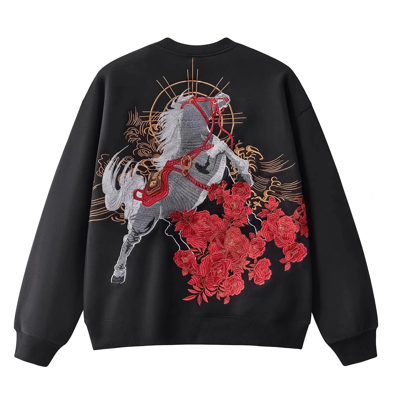 

High Street Men Boys Warhorse Embroidered Yokosuka Sukajan Sweatshirt Sweater Autumn Spring Vintage Casual Streetwear Fashion