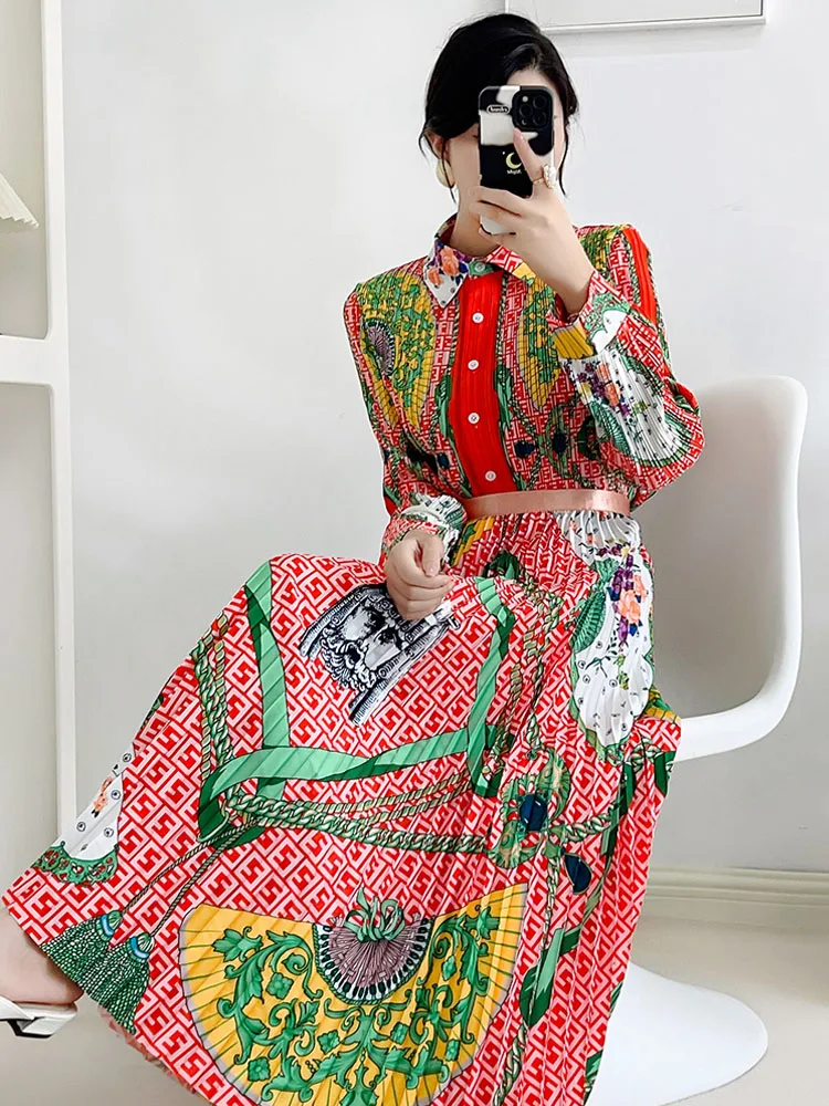 Vintage Print two piece set Women New arrival Elegant Pleated blouse Long sleeve shirt High waist long Skirt Fashion INKEO 3T170