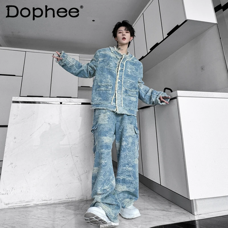 

2025 мужские осенние новые комплекты из двух предметов с кисточками, куртки с длинными рукавами, мужские шикарные маленькие ароматные комплекты широких брюк, красивые комплекты из 2 предметов