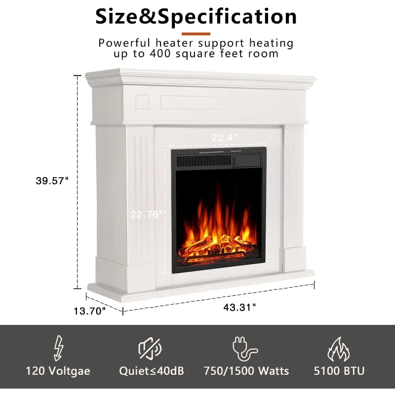 43” Electric Fireplace Mantel Wooden Surround Firebox, TV Stand with Freestanding Electric Fireplace, Remote Control