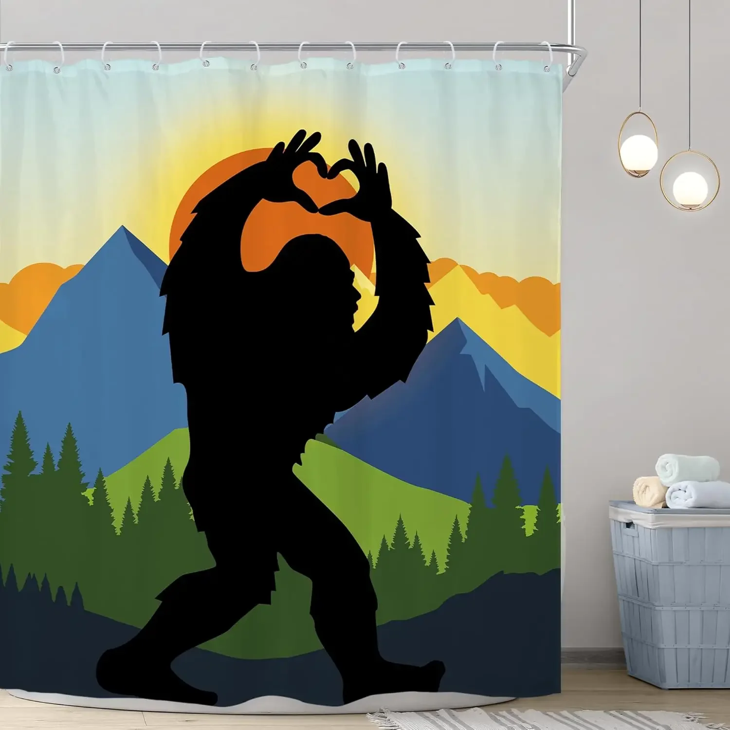Funny Shower Curtain Mountain Rustic Monkey Sunrise Cool Wild Animal Silhouette Shadow Nature Mens Shower Curtain Bathroom Dec