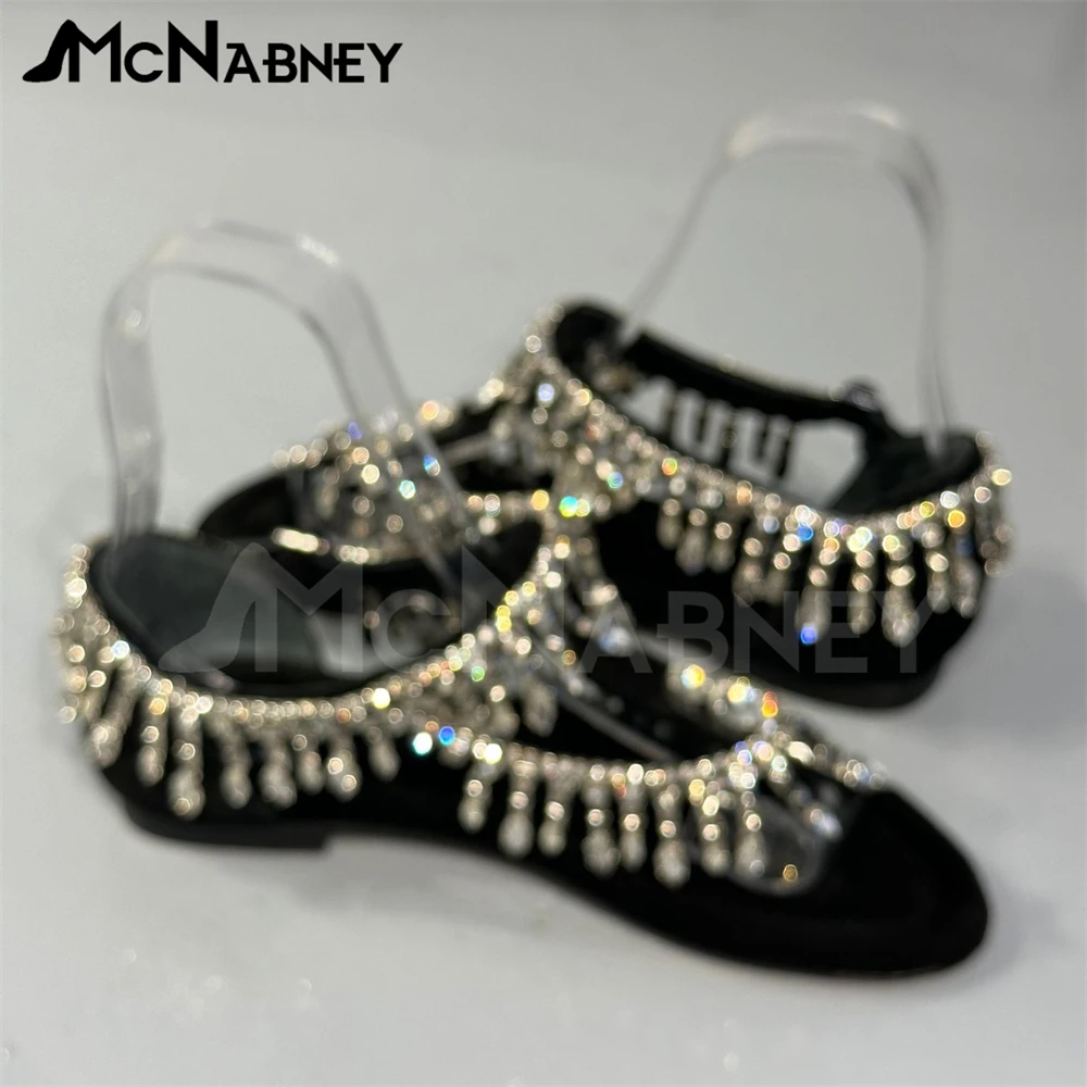 Luxurious Crystal Suede Sandals Rhinestone Summer Flats Bling Bling Buckle Shoes for Women Custom Colour Large Size Dropshipping