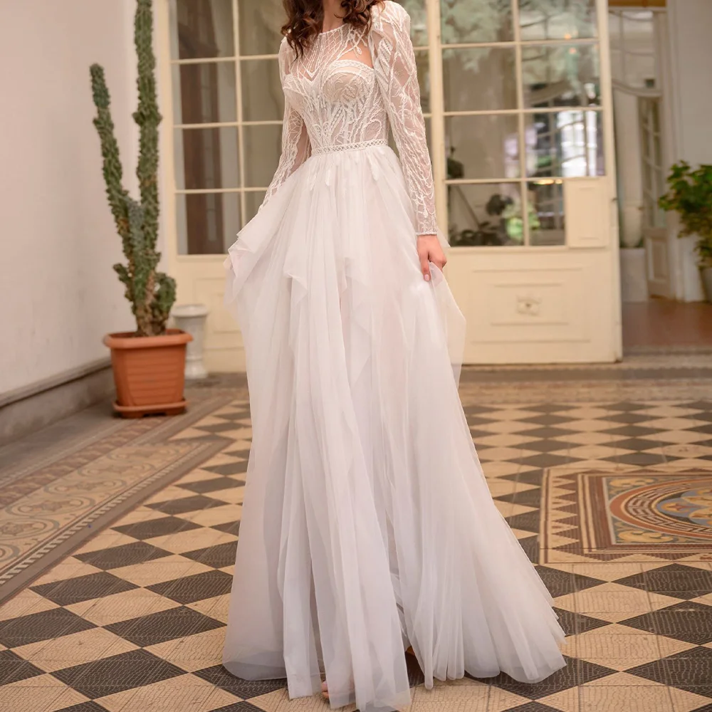 

Luxury Lace Up Back Appliques Lace Feathers Wedding Dresses Elegant A-Line Crew neck Tulle Sweep Train Long Sleeves Floor Length