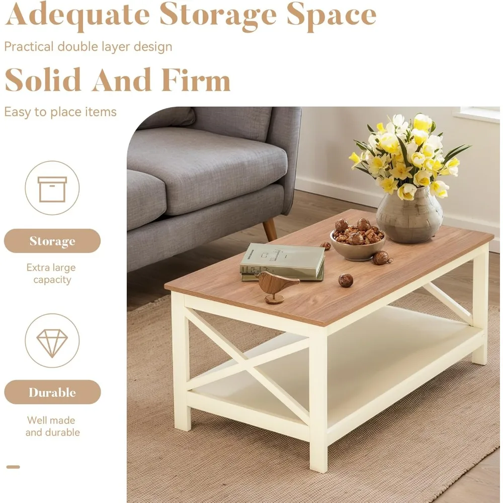Coffee Table with Storage, Farmhouse Coffee Tables for Living Room 2-Tier Modern Coffee Table, Ivory