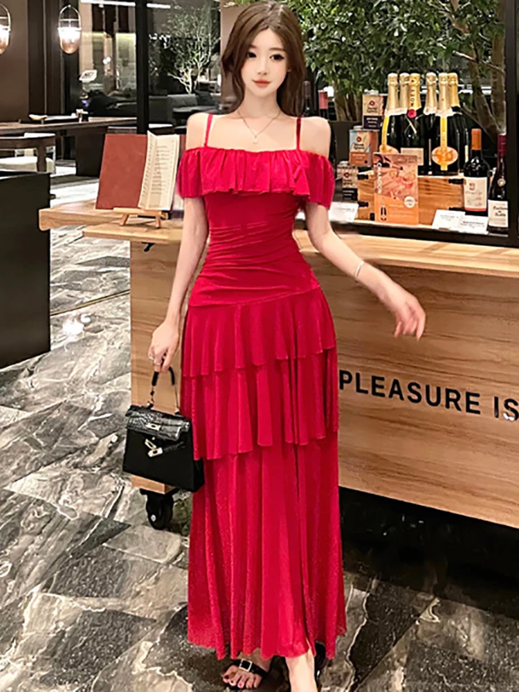 Frauen Rot Elegante Rüschen Sexy Sling Langes Kleid Sommer Mode Luxus Gala Kleid 2025, Koreanische Vintage Bodycon Festival Prom Kleid