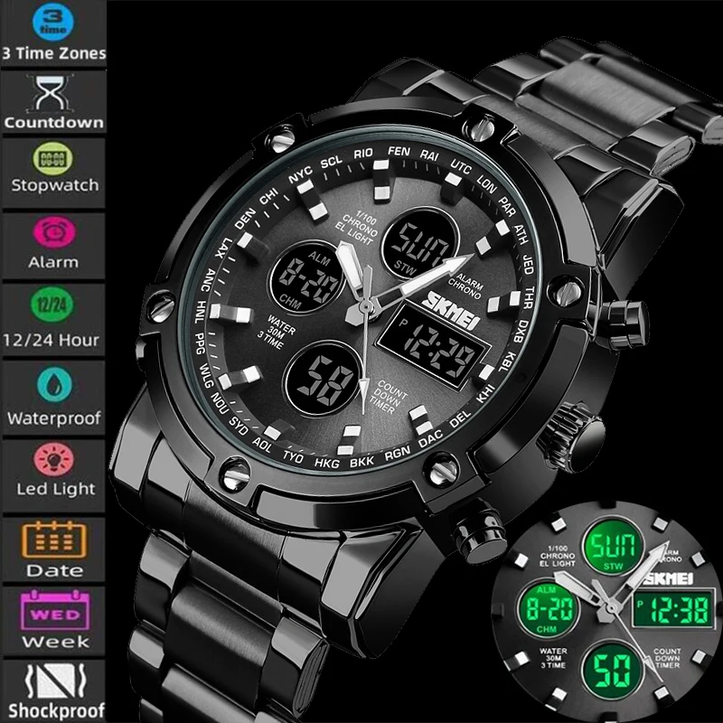 

Skmei Waterproof Analog Quartz Watch Steel Strap Dual Display Three Time Zone Led Digital Wirstwatch for Man Relogio Masculino