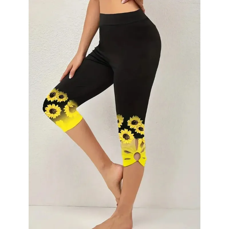 Damskie Plus Size 1XL-8XL nadrukiem słonecznika legginsy modne wycięte wygodne Finess Capri krzywe damskie idealne odzież na co dzień