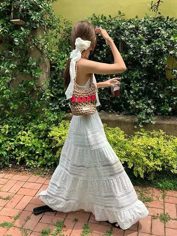 甘いスタイルのハイウエストレース透かし彫りAラインロングミディスカート、東大門の新鮮で繊細なデザイン、レディースファッションスカート