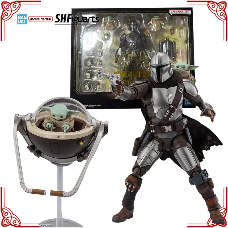 En stock, kit de modelo original de Bandai Star Wars SHF, colección de figuras de acción de anime The Mandalorian y Grogu, juguetes de modelo terminado, regalos