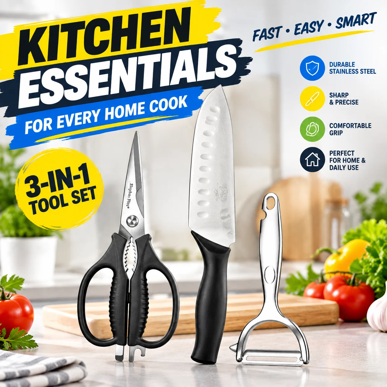 Stainless Steel Kitchen Knife and Scissors Three-Piece Set Household Slicing Knife, Scissors, Melon Peeler, Complete Home Set