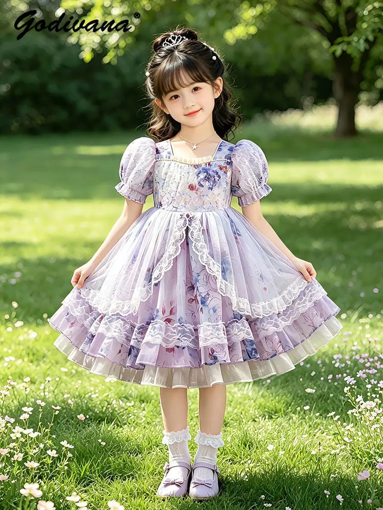 

Sweet Girls Summer 2026 New Lolita Princess Dress Kids Fashion Bubble Sleeve Floral Print Tulle Patchwork Casual Tutu Dresses