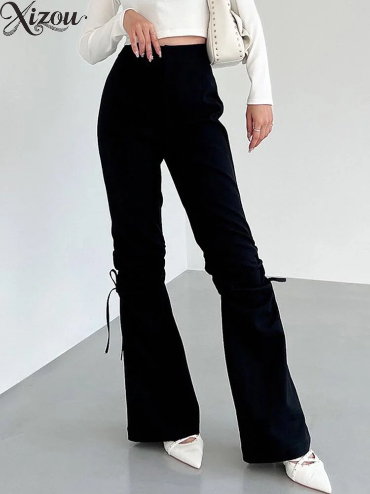High Waist Bow Pleated Micro Flare Pants Stretch Slim Fit Lace Up Y2K Vintage Bell Bottom Trousers Women 2026 Bow Leisure Ladies