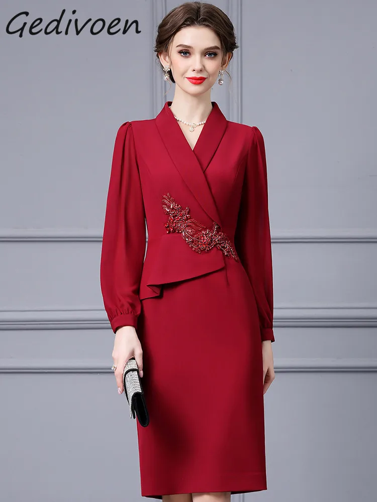 

Gedivoen Autumn Fashion Runway Wine Red Luxury Party Dress Women Stand Collar Diamond Beading High Waist Slim Spliced Long Dress