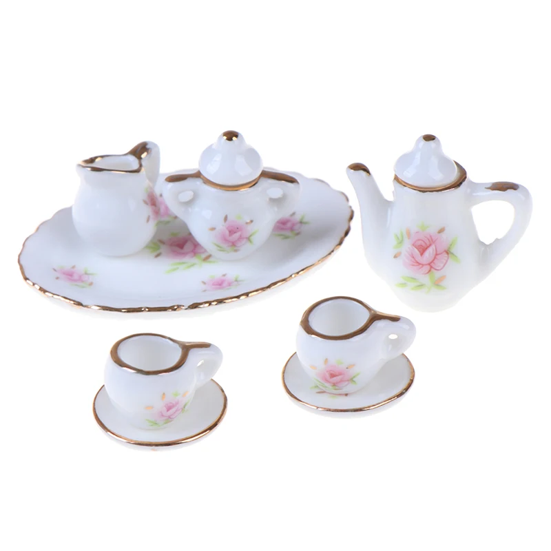 8Pcs 1/12 Dollhouse Miniature Porcelain Tea Cup Set Mini Dining Tableware Dish Doll House Simulation Furniture Decor Accessories