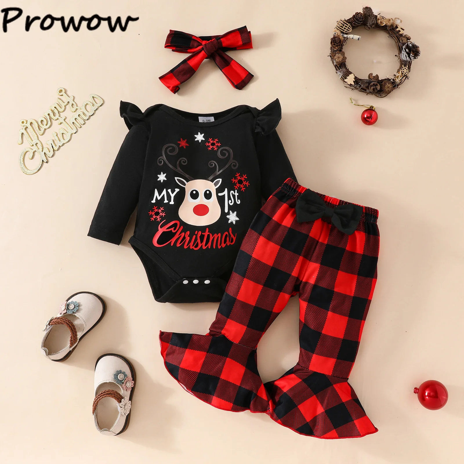 Prowow Baby Girl Christmas Outfits Cartoon Deer Bodysuit+Red Plaid Shorts+Headband+Leg Warmer 4pcs My First Christmas Baby Set