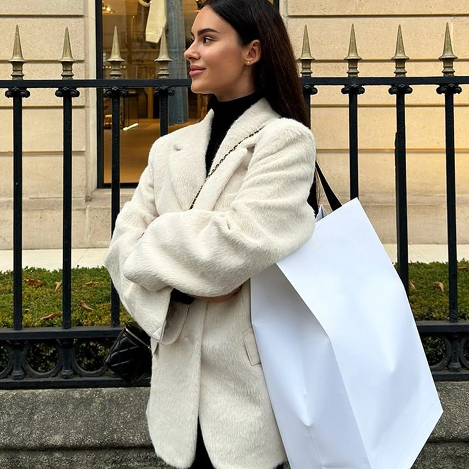 Taop&Za women's 2024 autumn and winter new suit collar jacket with faux fur effect beige commuting temperament long sleeved coat