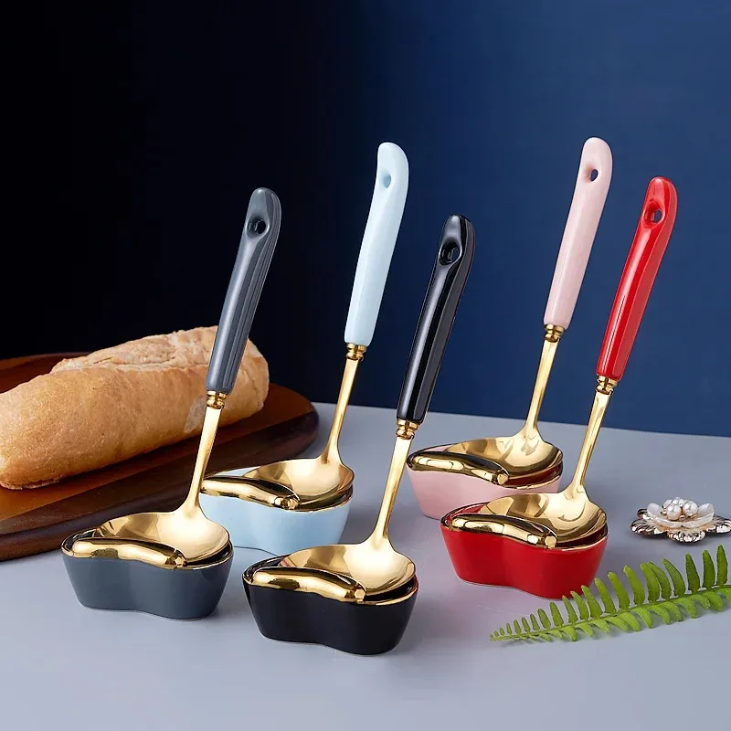 Creative Heart Shape Ceramic Metal Soup Spoon Dining Room Kitchen Stainless Steel Gold Spoon Cutlery Kitchen Utensils Home Decor