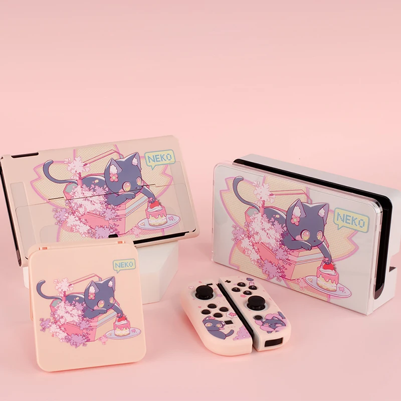 

Kawaii Cat Dockable Case For Nintendo Switch Oled Game Console Pink Hard Soft Joycon Cover NS Switch Shell with thumb grip caps