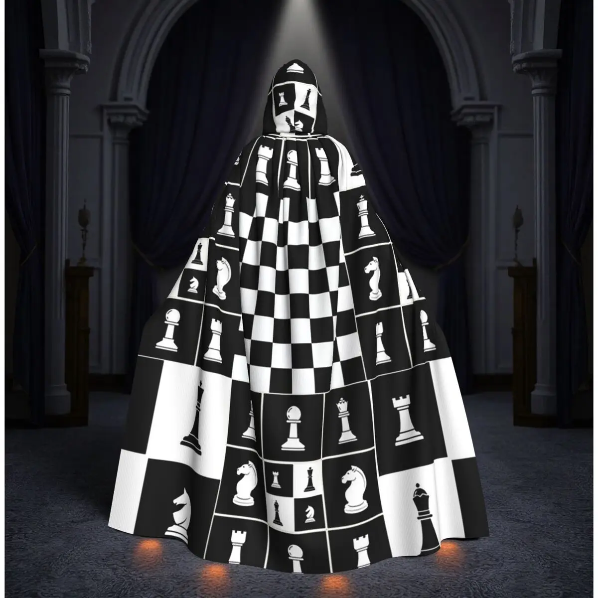 

Длинный плащ с капюшоном в виде шахматных фигур, средневековый костюм ведьмы, накидка для косплея, на Хэллоуин, вампир, унисекс, для взрослых
